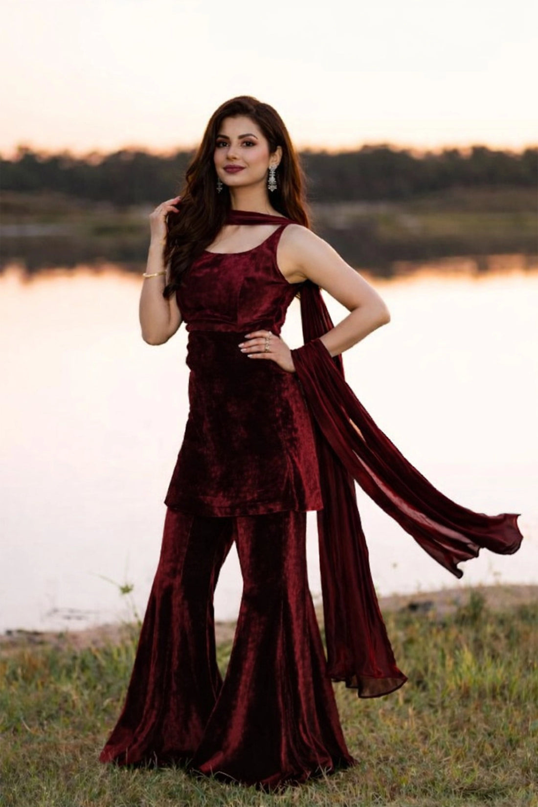 Velvet Luxe Sharara Set - Maroon
