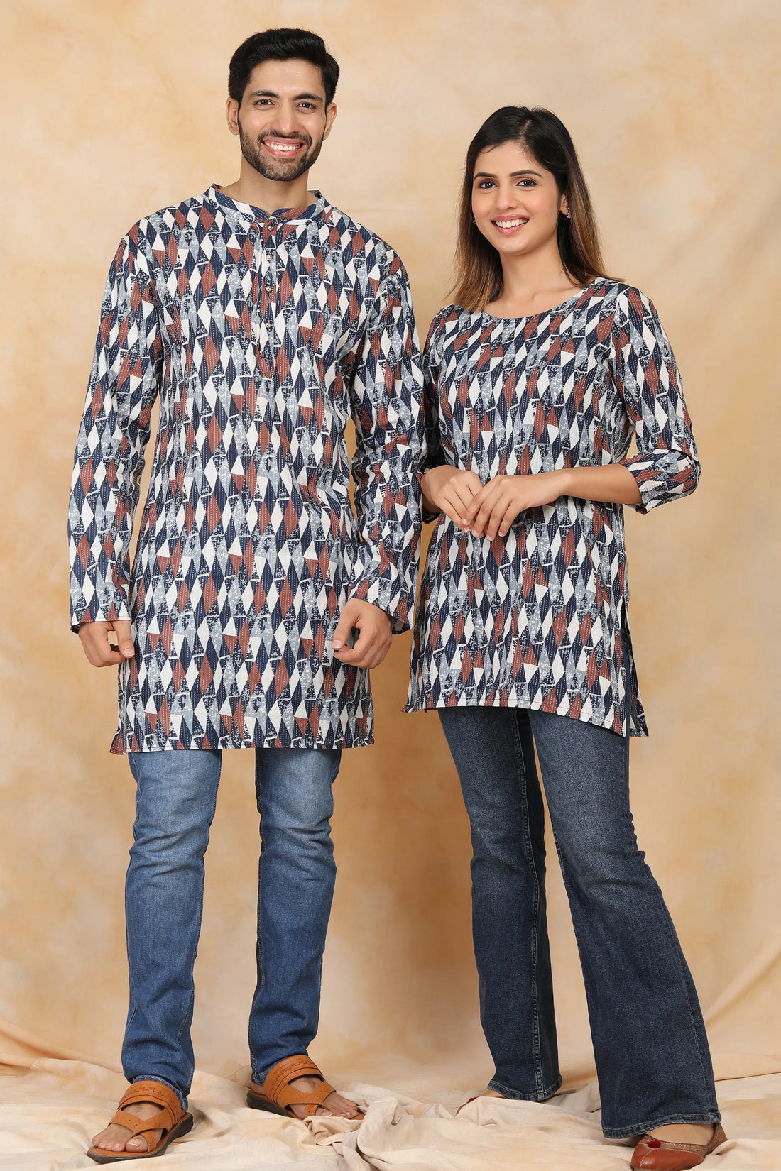 Navy  Blue & White Ikkat Printed Kurti with Matching Kurta Couple Twin Set