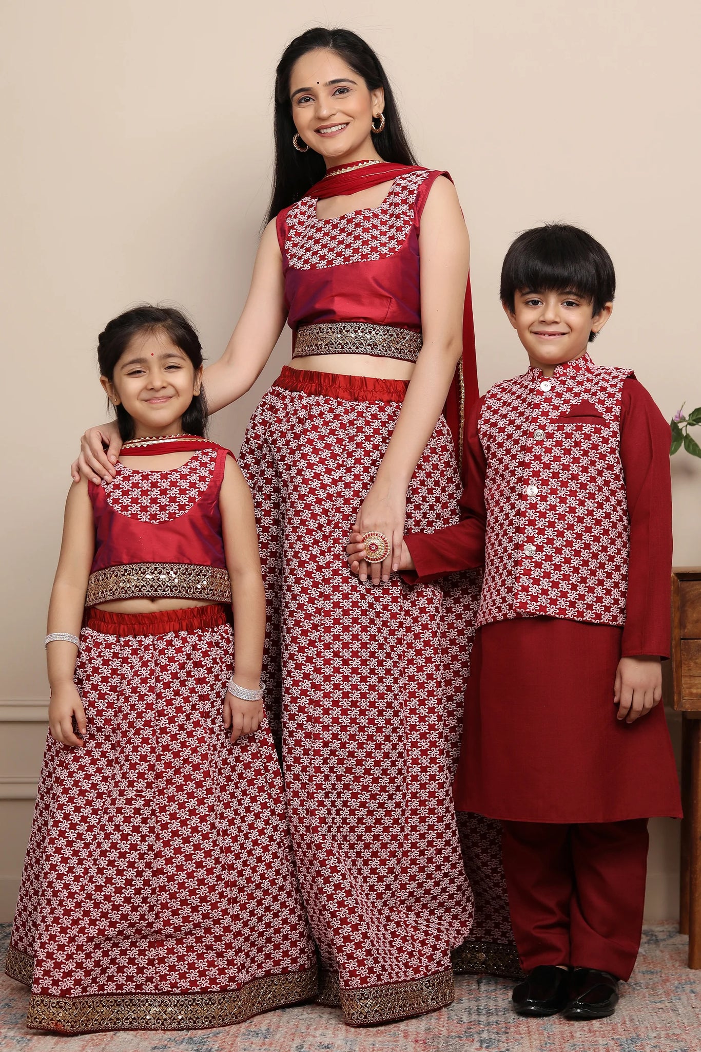 Maroon Choli with Embroidered Yoke and Lehenga With Matching Kurta Pyjama - Family Twin Outfit