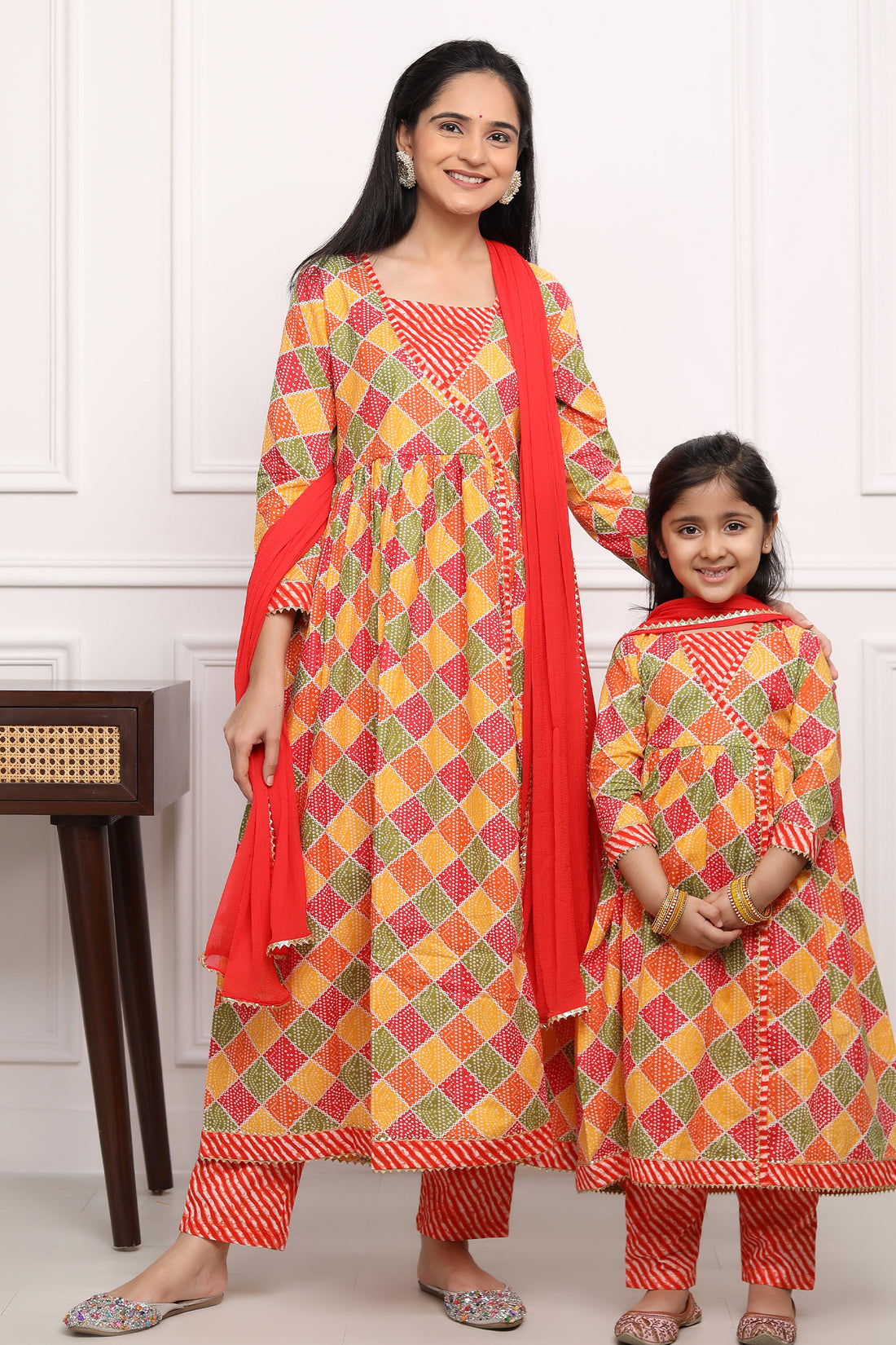 Matching Angrakha Suits in Orange Multicolor for Mom and Daughter