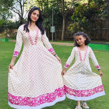 Cream & Rouge Anarkali Kurti set For Mom And Daughter