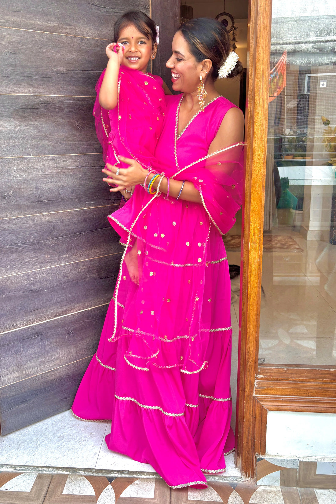 Rose Pink Anarkali Gown For Mom & Daughter
