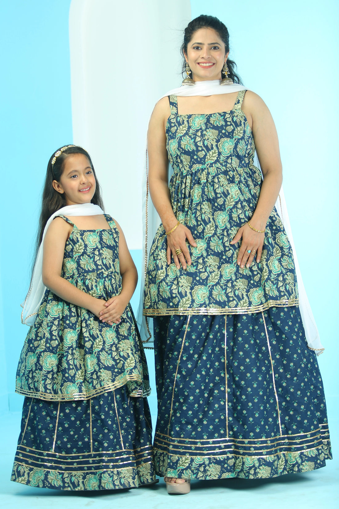 Navy Blue Peplum Top With Lehenga Set For Mom And Daughter