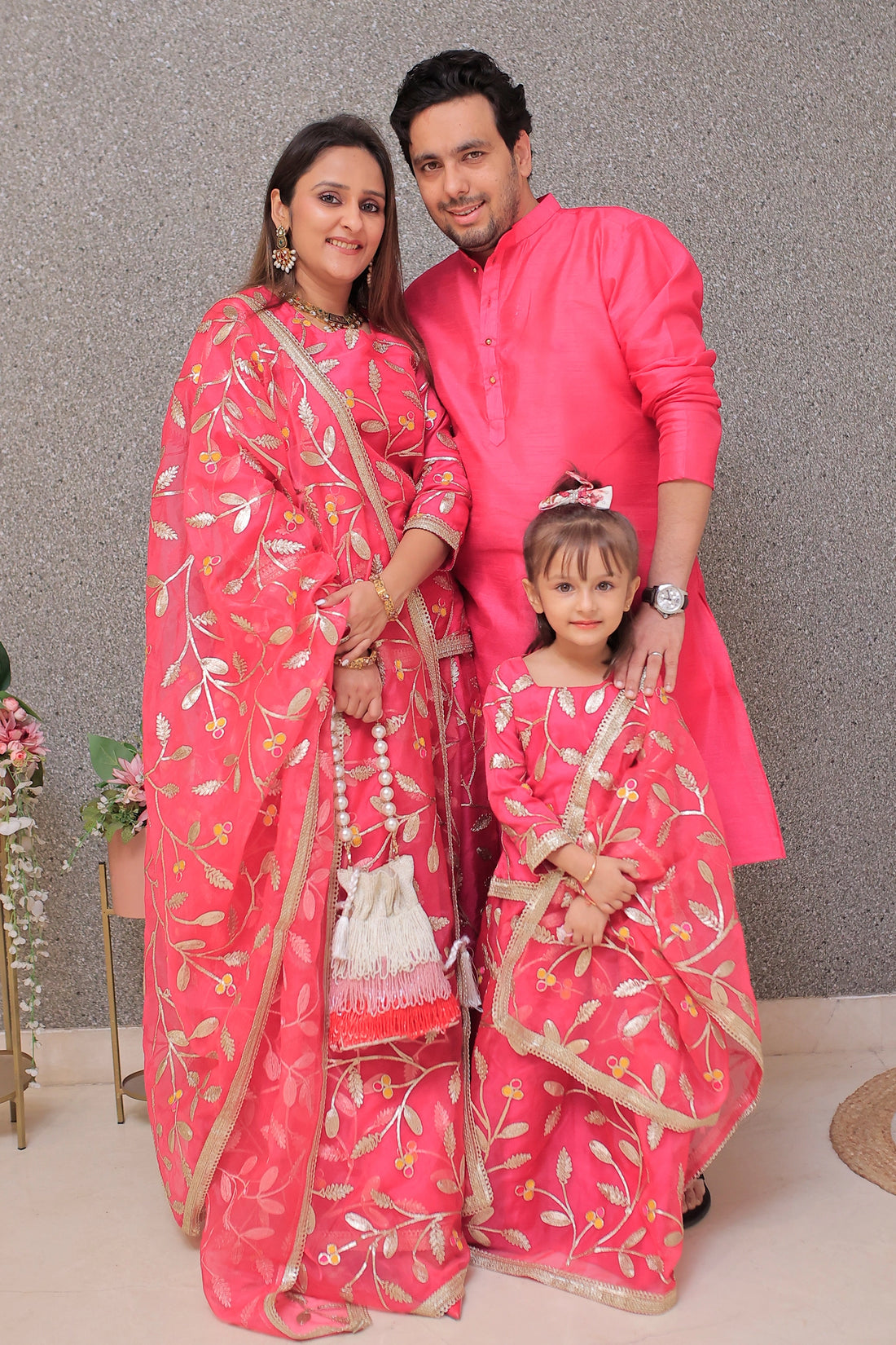 Fuchsia & Silver Gotta Patti Kurta with Lehenga and Pyjama Family Twin Set