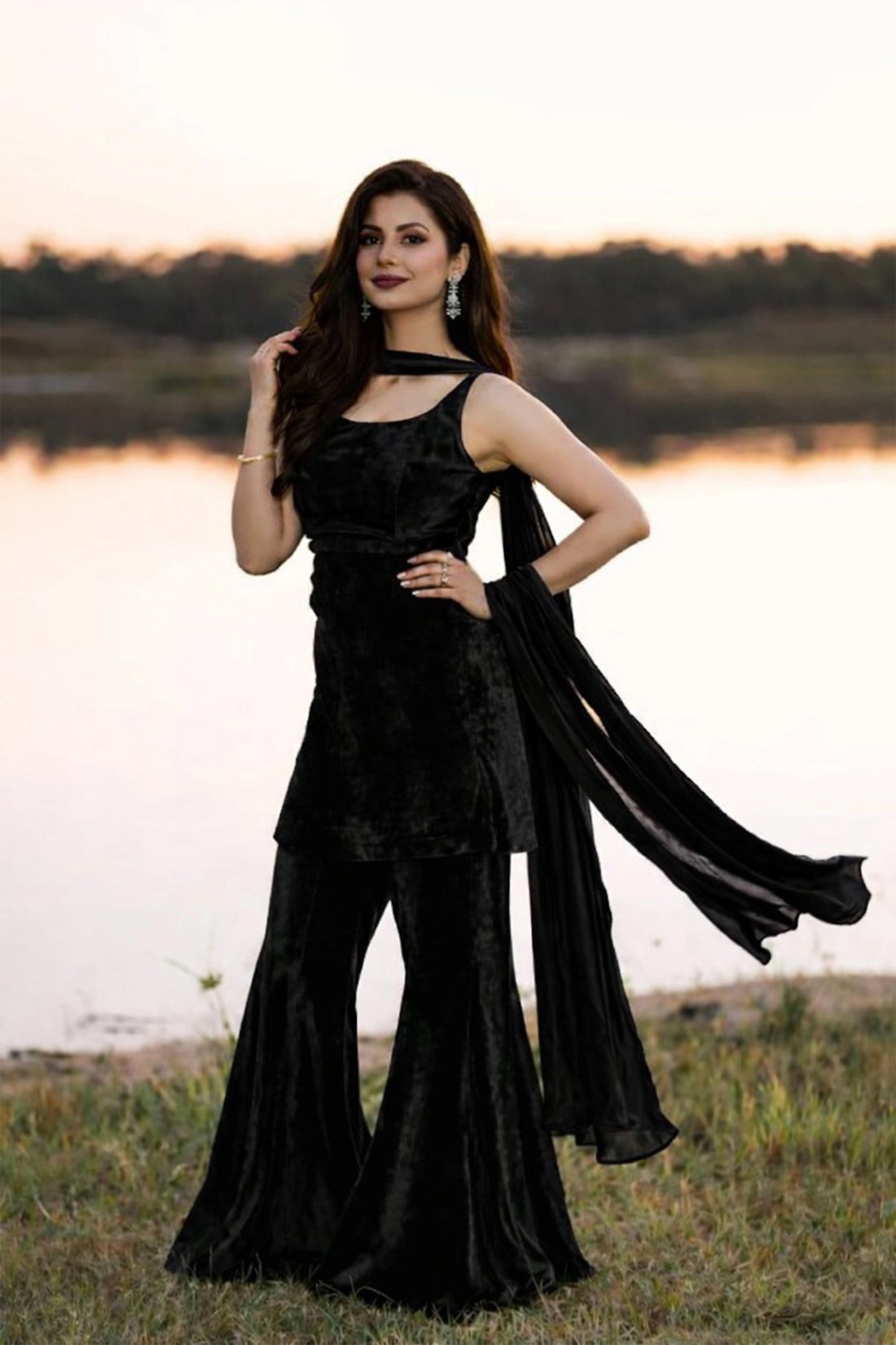 Velvet Luxe Sharara Set - Black