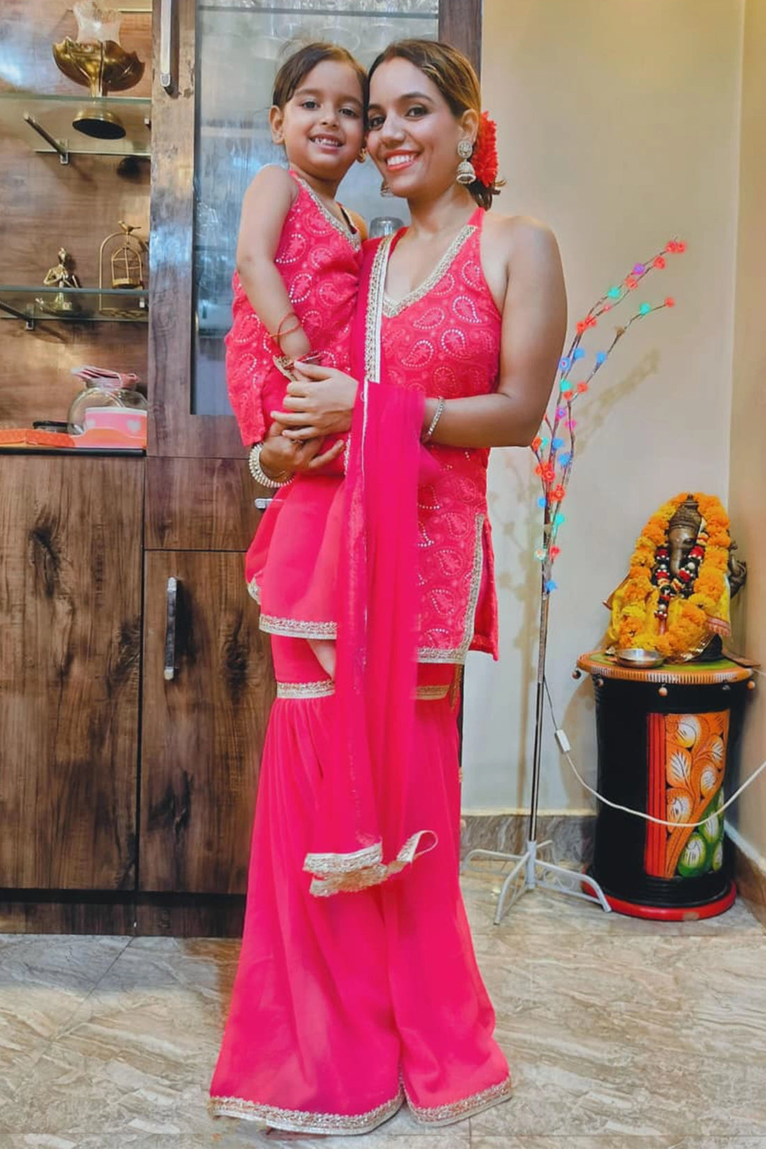 Fuchsia Embroidered Sharara Suit Set For Mom & Daughter