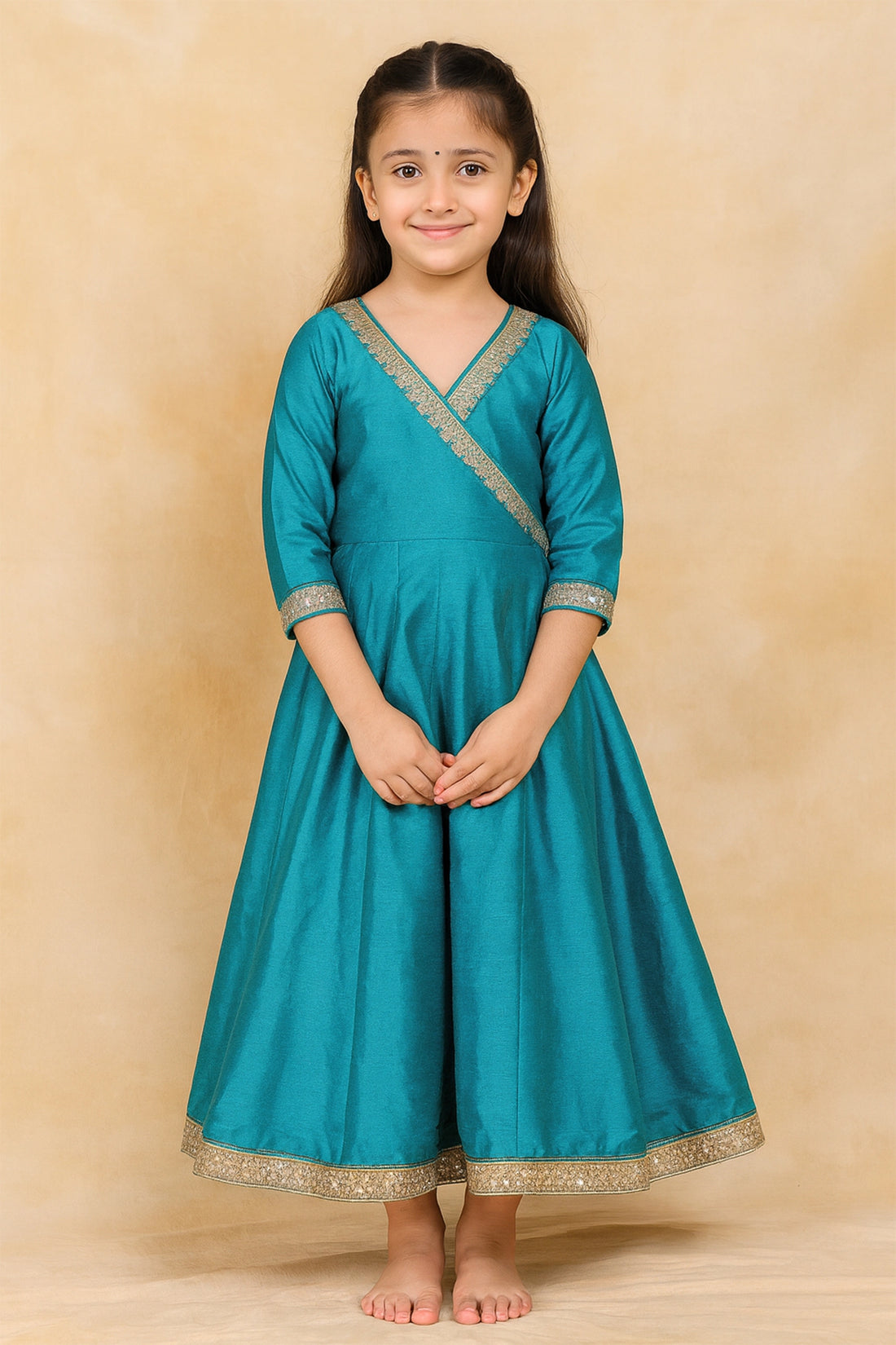 Exquisite Peacock Blue Ethnic Silk Gown Set for Kid