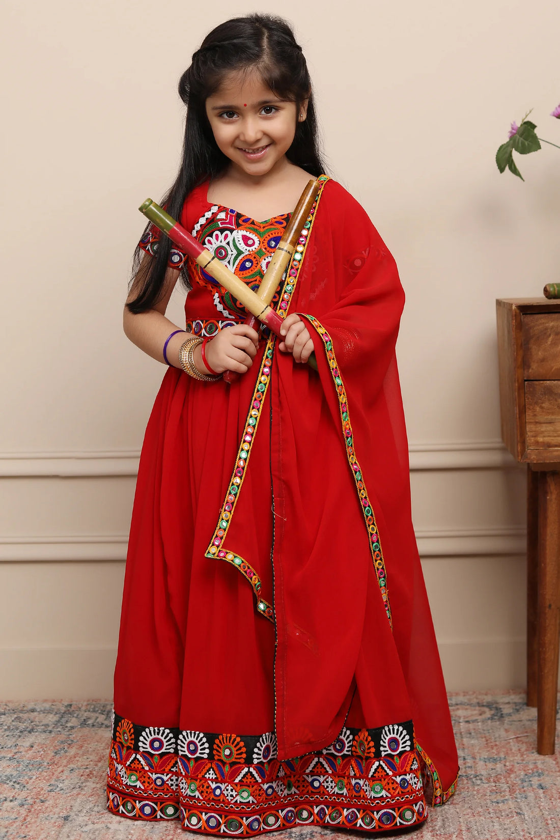 Exclusive Hand Embroidered Ethnic  Red Chaniya Choli Set with Matching Dupatta For Kid
