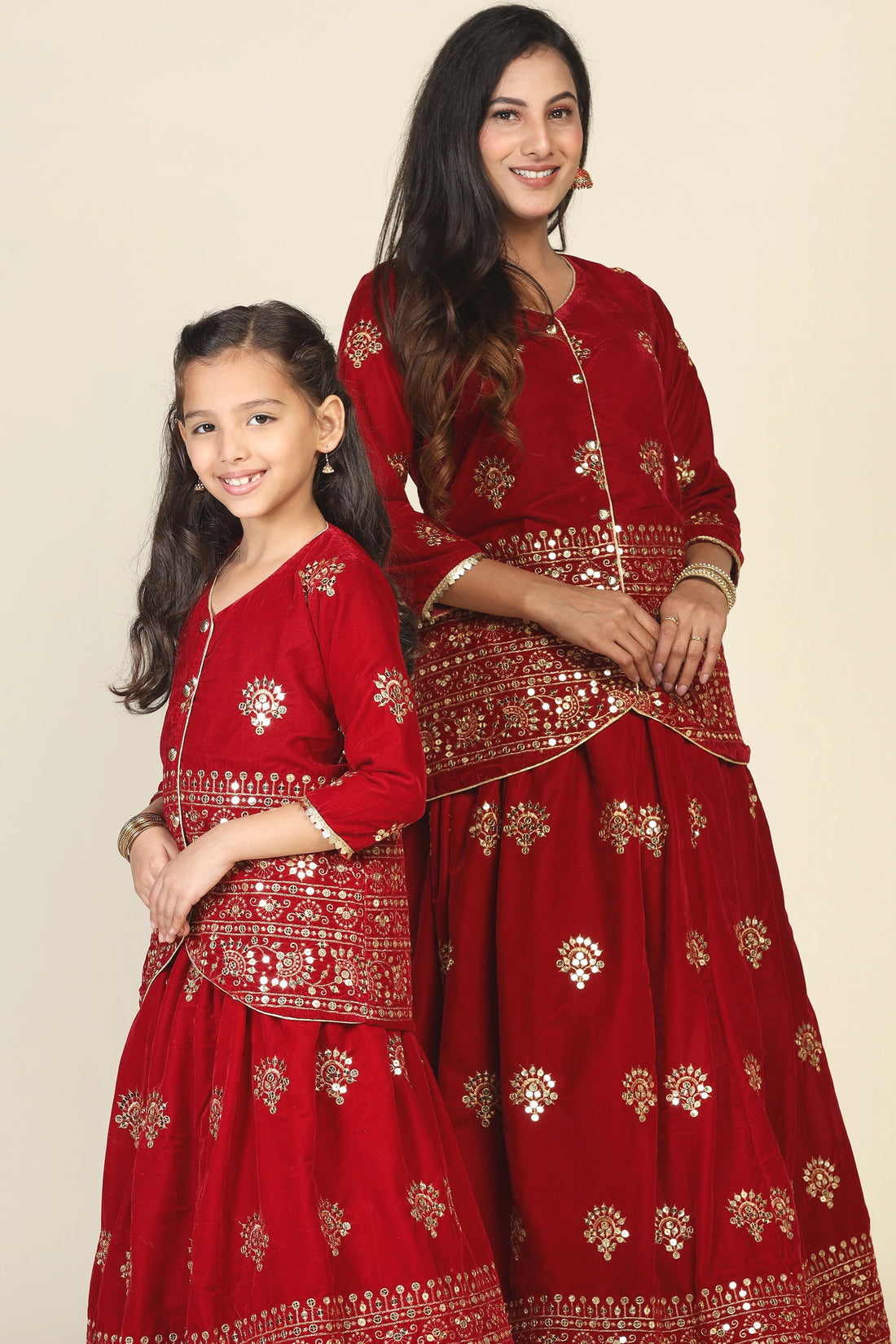 Elegant Maroon Duo: Mom and Daughter Matching Jacket Lehenga Set