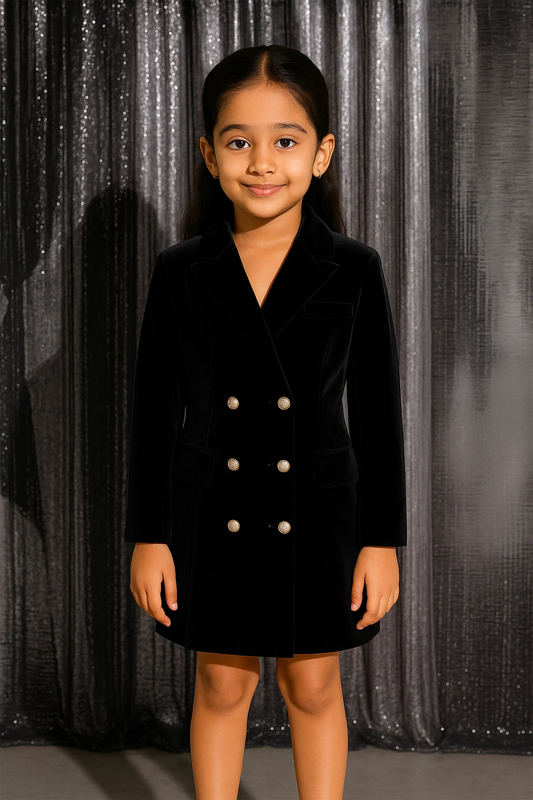 Black Velvet Double-Breasted Blazer Mini Dress For Kid