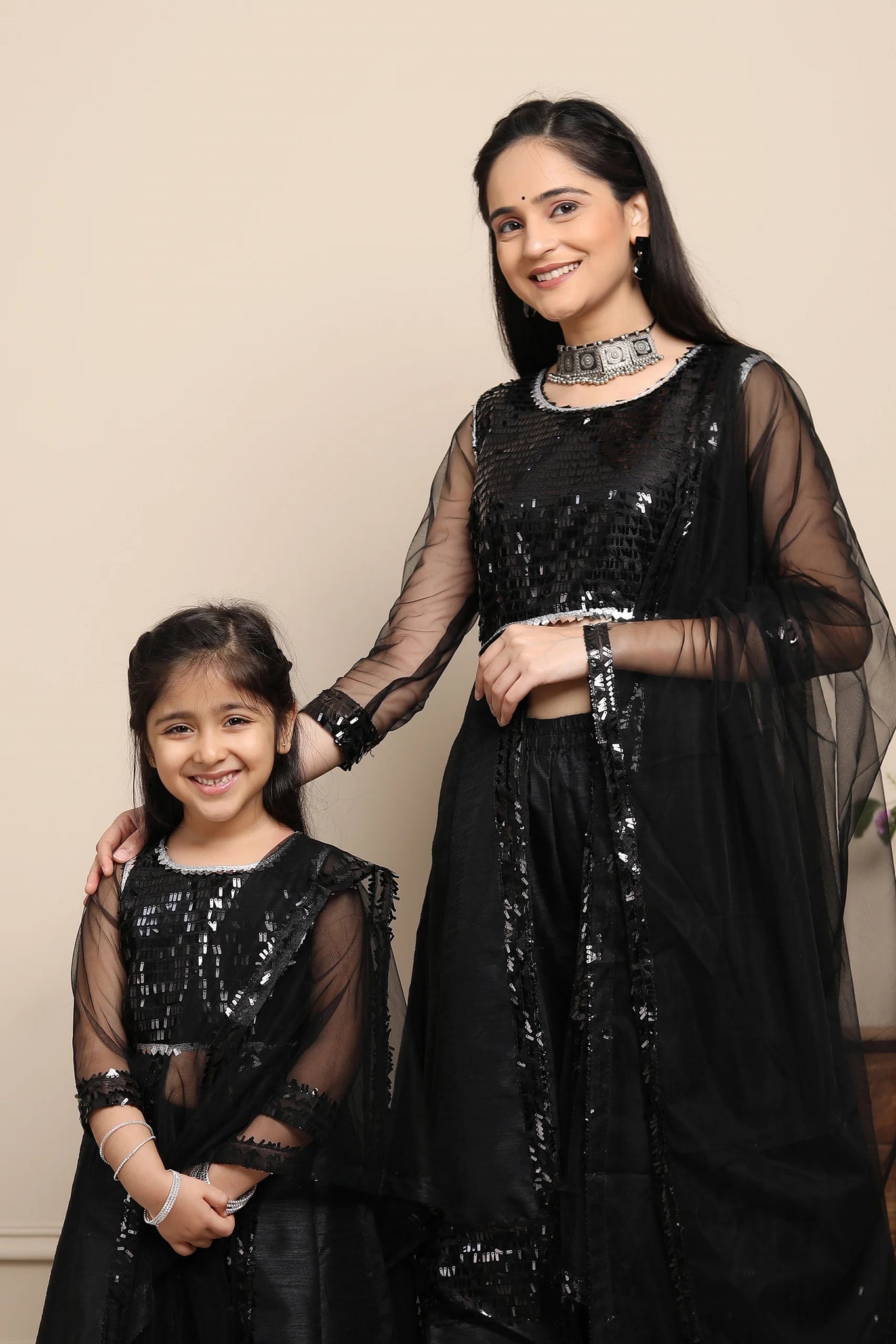 Sparkling Shining Black Sequin Aline Gown Set for Mom and Daughter