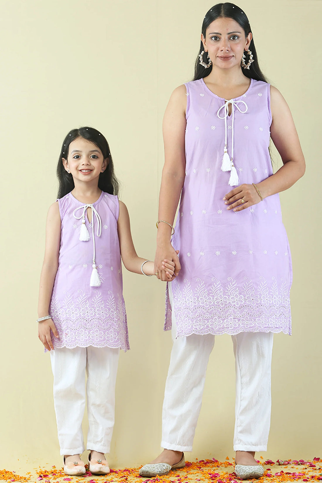 Mauve Cut Work Kurti with White Pants Mom and Daughter Twin Set