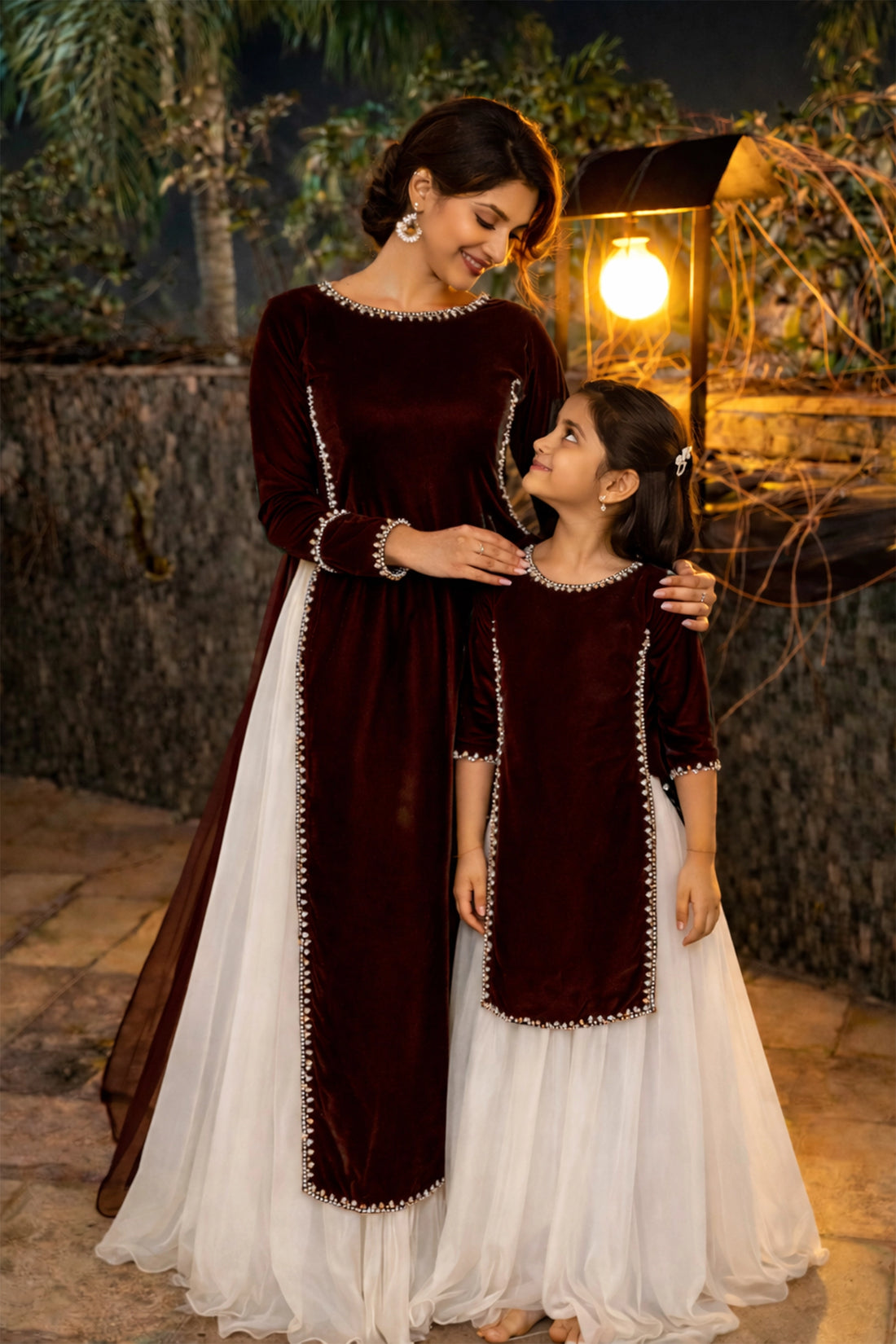 Saaya Skirt Kurta Set For Mom & Daughter – Royal Maroon