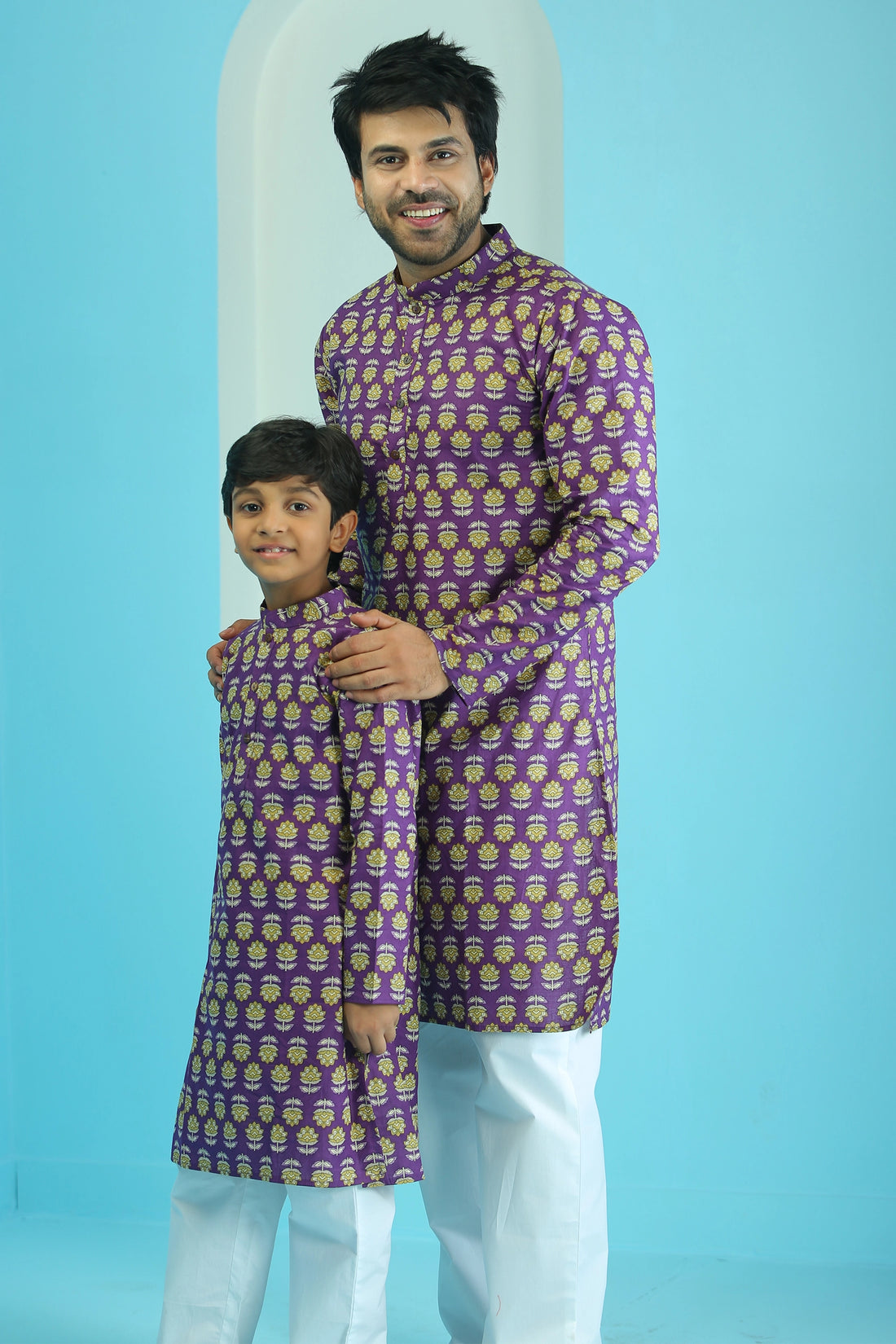 PURPLE FLORAL KURTA WITH WHITE PYJAMA ( FATHER AND SON TWIN SET )