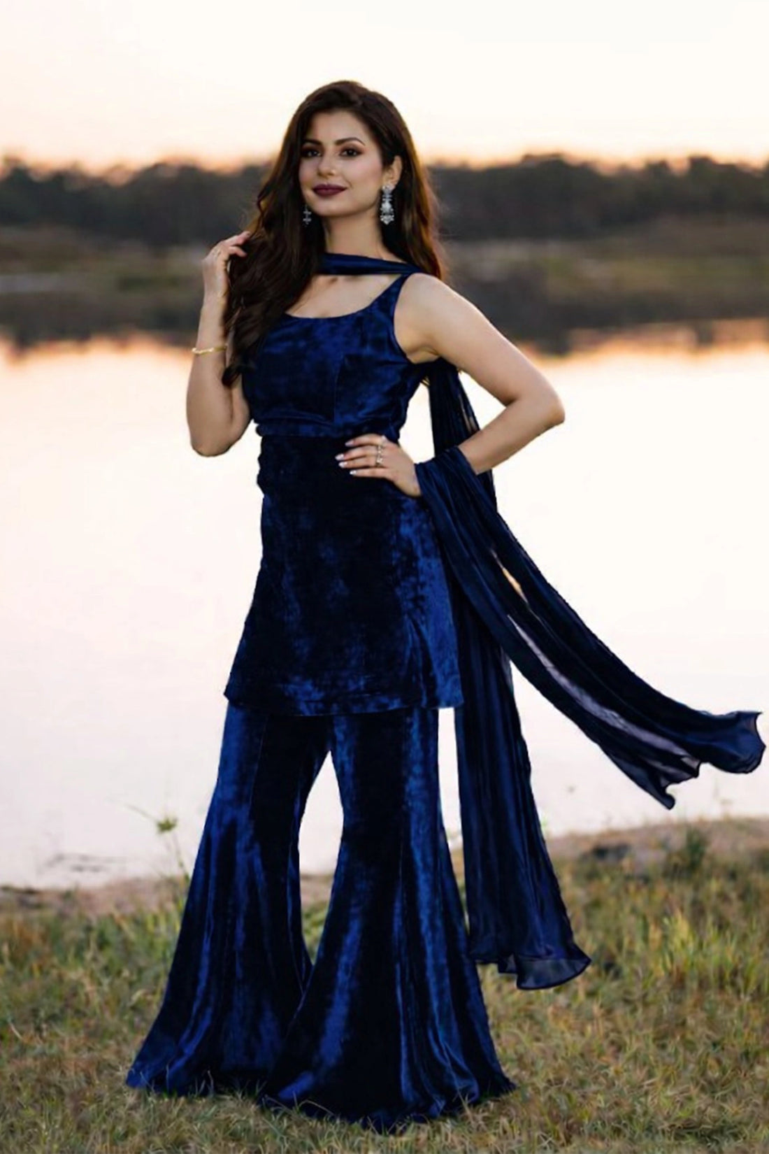 Velvet Luxe Sharara Set - Navy Blue