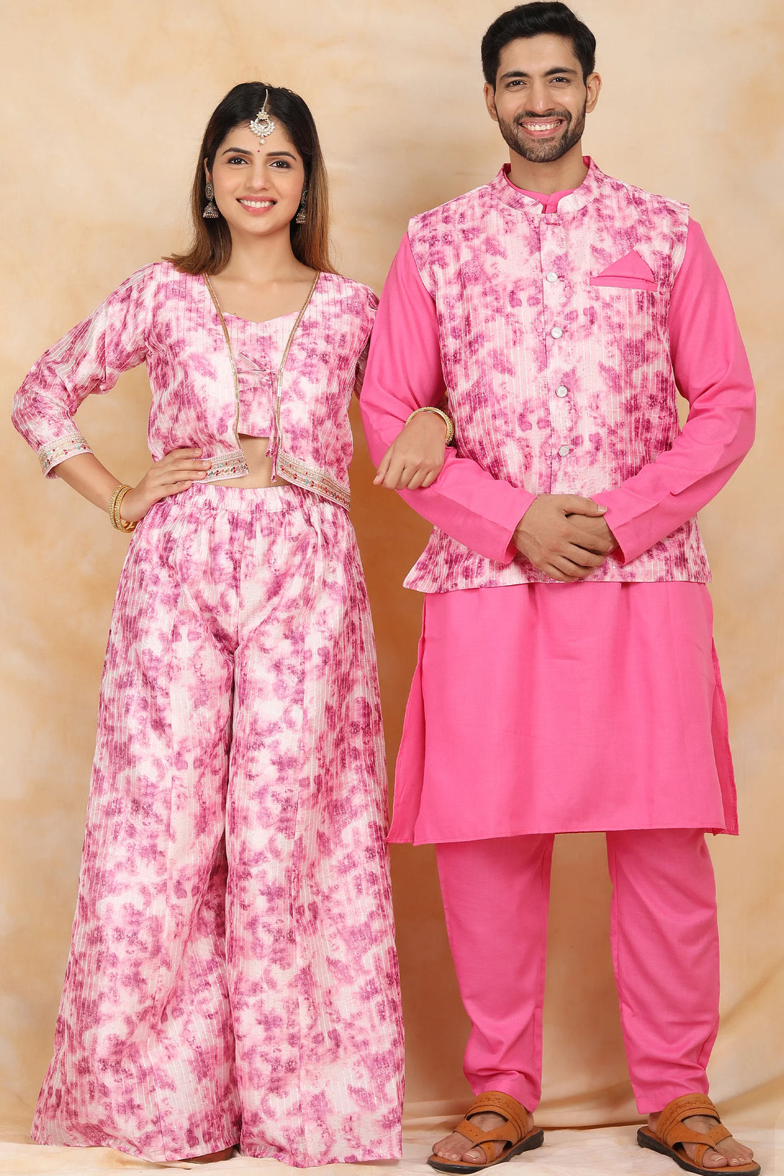 Floral Fuchsia Fiesta: Crop Top and Plazzo Perfection with Matching Kurta Pyjama  Matching Couple Set