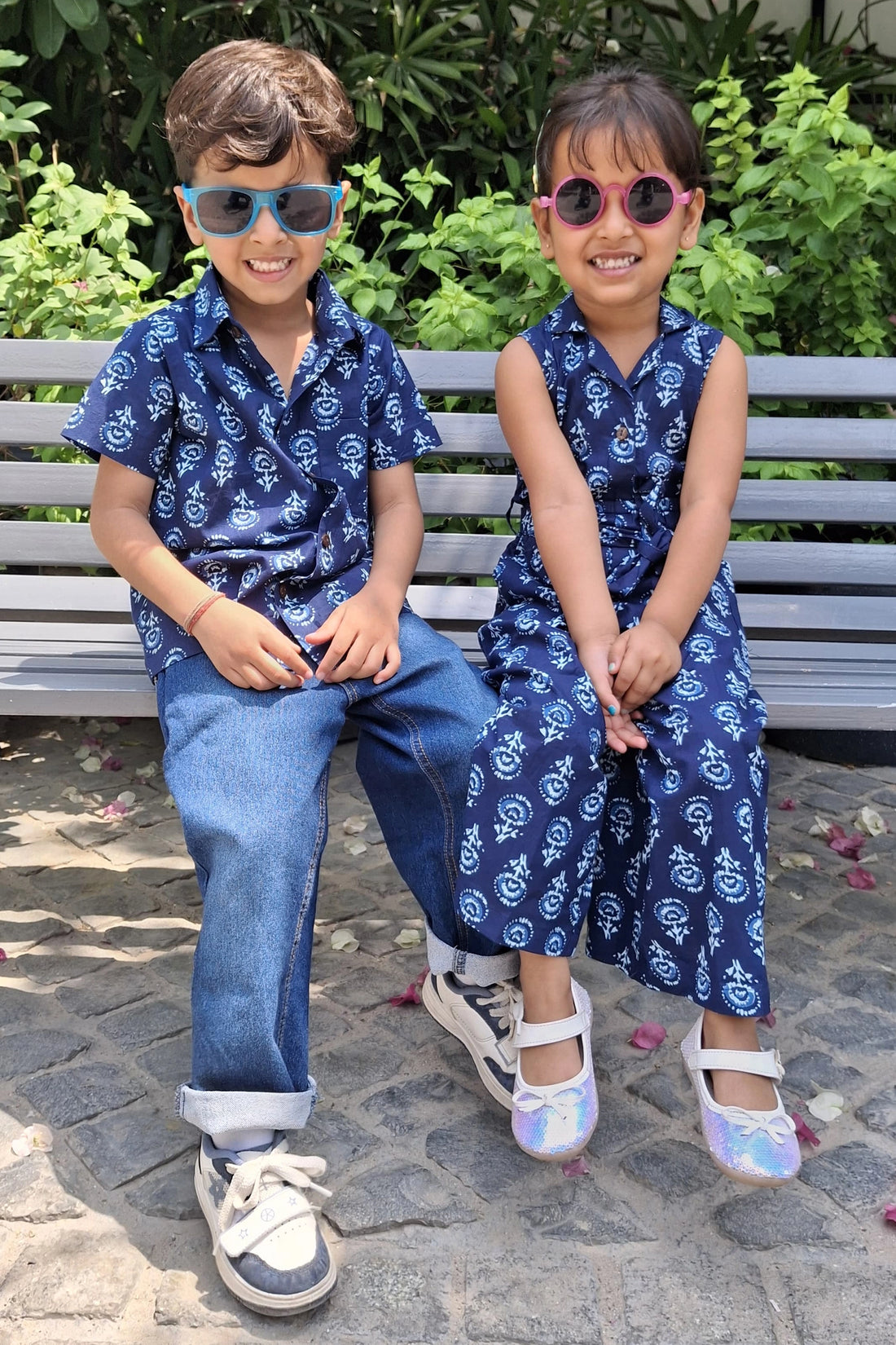 Navy Indigo Print Jumpsuit With Shirt Brother & Sister Twin Set