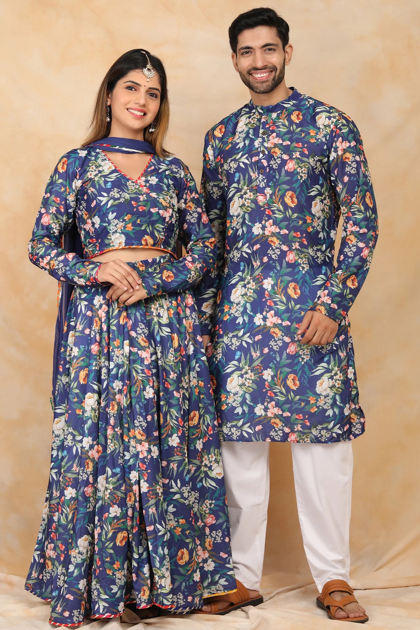 Stylish Navy Floral Crop Top with Lehenga and Kurta Pyjama Couple Set