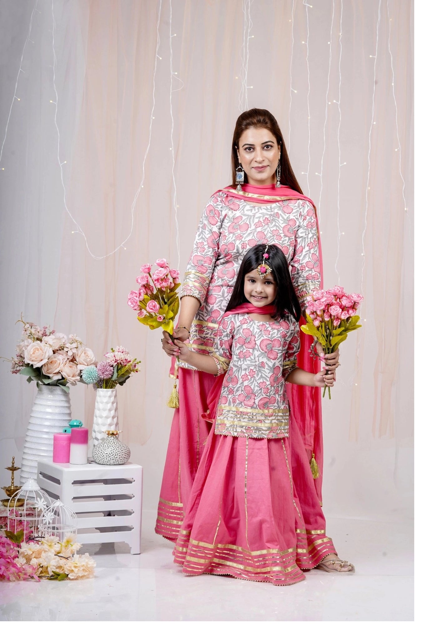 Twining in Leheriya: Pink and White Suit Set With Dupatta for Mom and