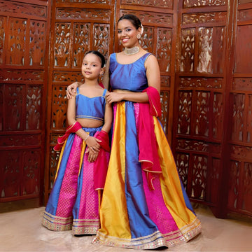 Traditional Blue and Multicolor Lehenga With Choli Set With Matching Dupatta Mom and Daughter Twin Set