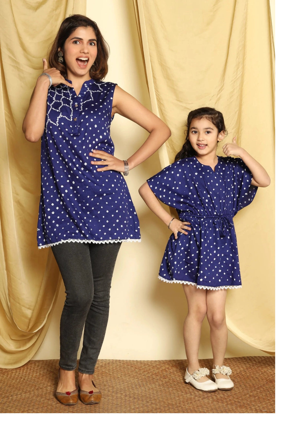 Stylishly Coordinated: Blue Bandhej Printed Tops for Mom and Daughter