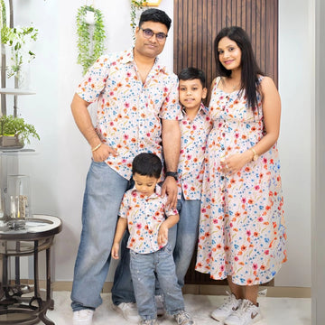 Peach Floral Printed Maxi Dress with Matching Shirt for Men ( Family Twin Set )