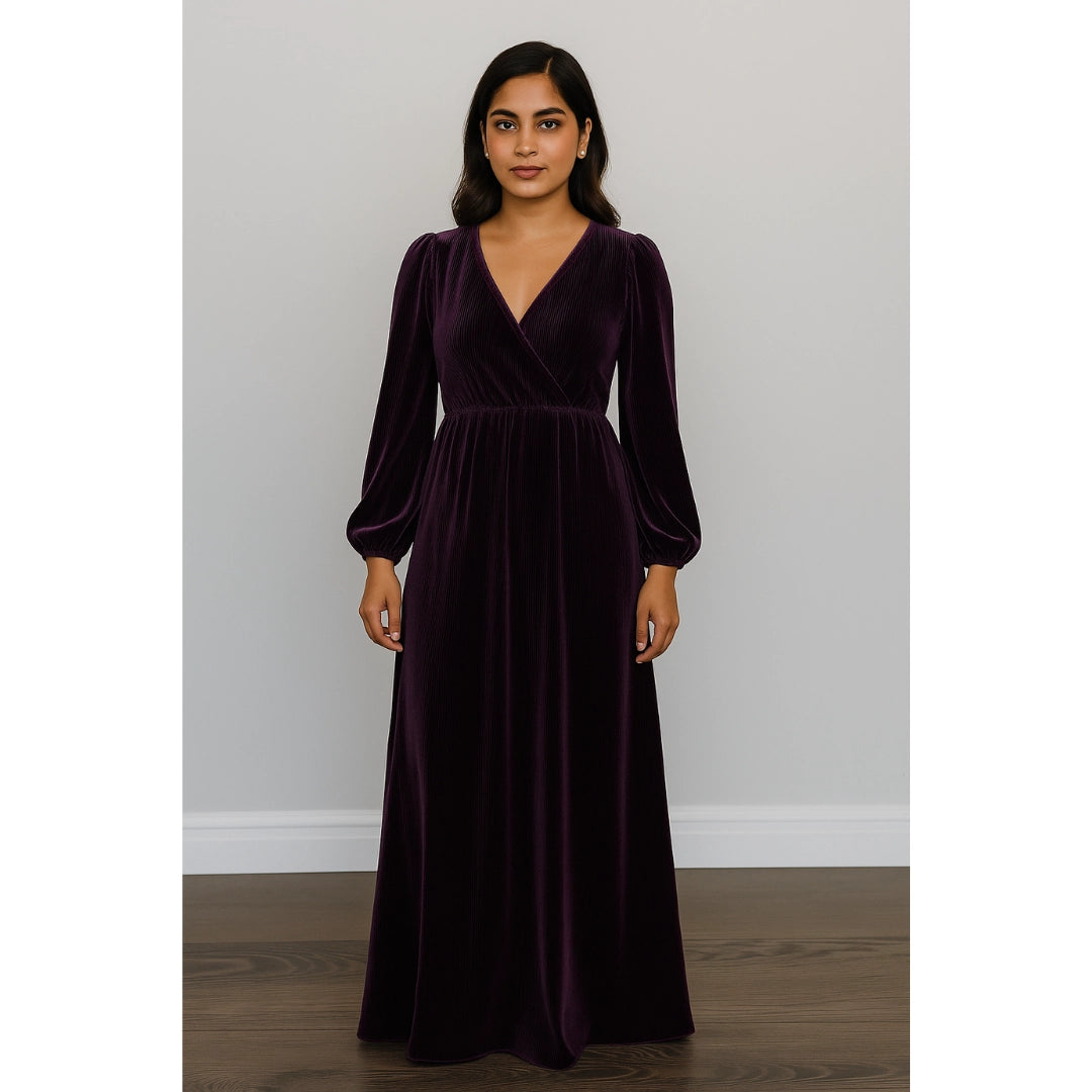 Purple Velvet Evening Gown with Balloon Sleeves