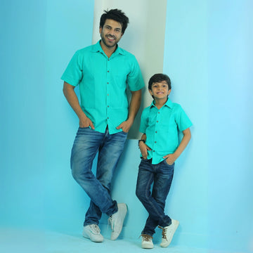 Stylish Plain Teal Blue Matching Shirts for Father and Son