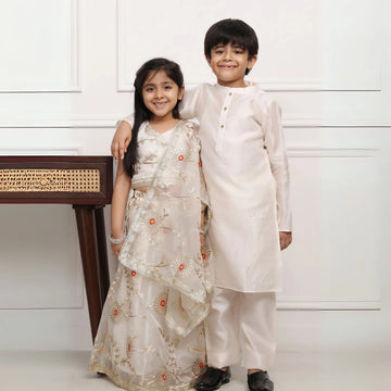 Sibling Style: Ivory Gota Patti Lehenga Choli with Matching Kurta Pyjama