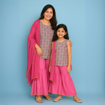 Traditional Printed Kurti & Sharara Set For Mom And Daughter Set