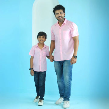 Powder Pink Ruby Cotton Matching Shirts for Father and Son