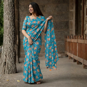 Teal Blue Floral Saree