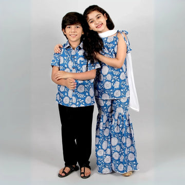 Blue Floral Print Shirt With Kurta Sharara For Brother& Sister Set