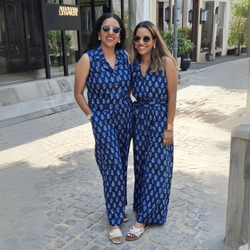 Navy Indigo Print Jumpsuit  for Sister Duo