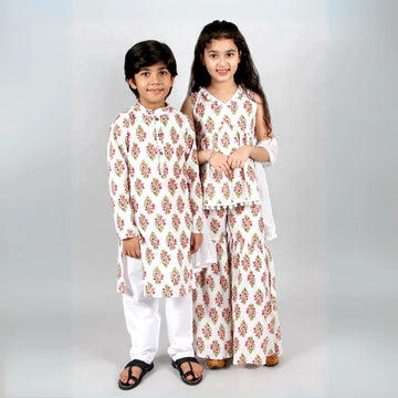 White and Red Block Printed Kurta-Pyjama & Kurta- Sharara For Brother& Sister Set