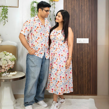 Peach Floral Printed Maxi Dress with Matching Shirt for ( Couple Twin Set )