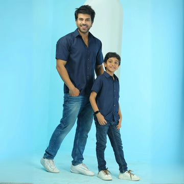 Elegant Plain Navy Blue Matching Shirts for Father and Son