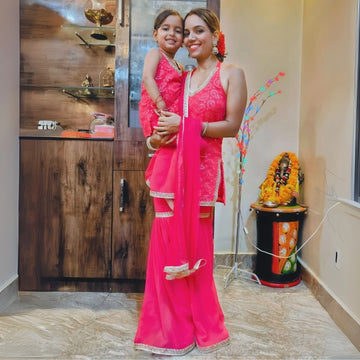 Fuchsia Embroidered Sharara Suit Set For Mom & Daughter