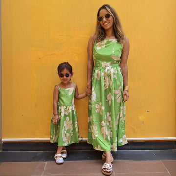Green Floral Maxi Dress For Mom And Daughter Set