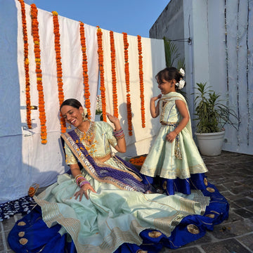 Mint & Royal Blue Tehri Ghera Lehenga Set For Mom & Daughter