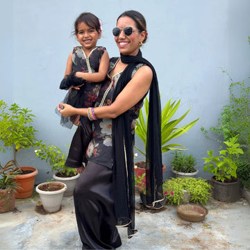 Black Organza Farshi Salwar Suit Set For Mom And Daughter