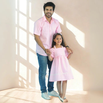 Powder Pink Ruby Cotton Olivia Off Shoulder Father and Daughter Set With Matching Dress & Shirt