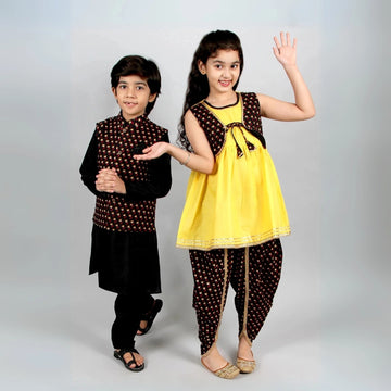 Black Block Printed Kurta Pyjama With Nehru Jacket Kurta Dhoti Brother Sister Set
