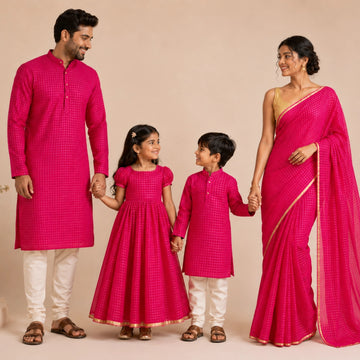 Pink Zari Checks Family Set