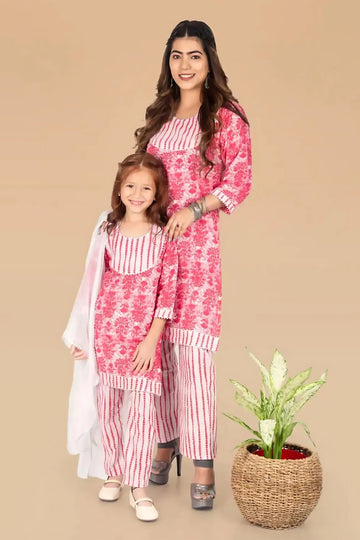 Twinning in Leheriya:  Pink and White Suit Set With Dupatta for Mom and Daughter