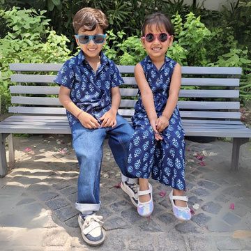 Navy Indigo Print Jumpsuit With Shirt Brother & Sister Twin Set