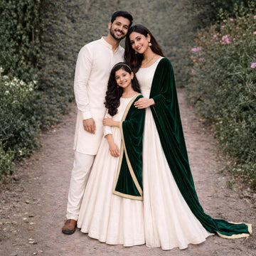 Ivory Gown with Emerald Velvet Dupatta