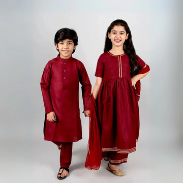 Maroon Kurta Pyjama & Anarkali Pants Brother And Sister Set