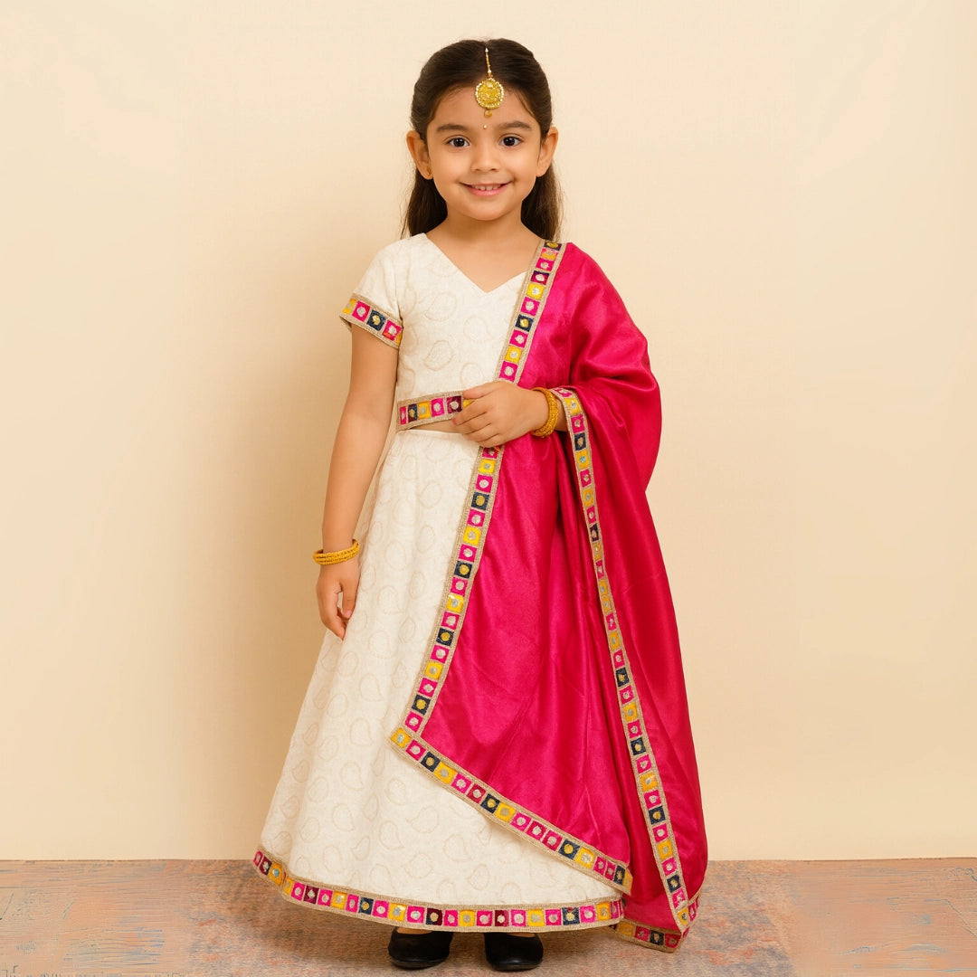 Sparkling White Embroidered Lehenga Choli with Pink Dupatta