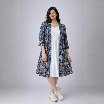 Navy Floral Shrug Dress Set For Women